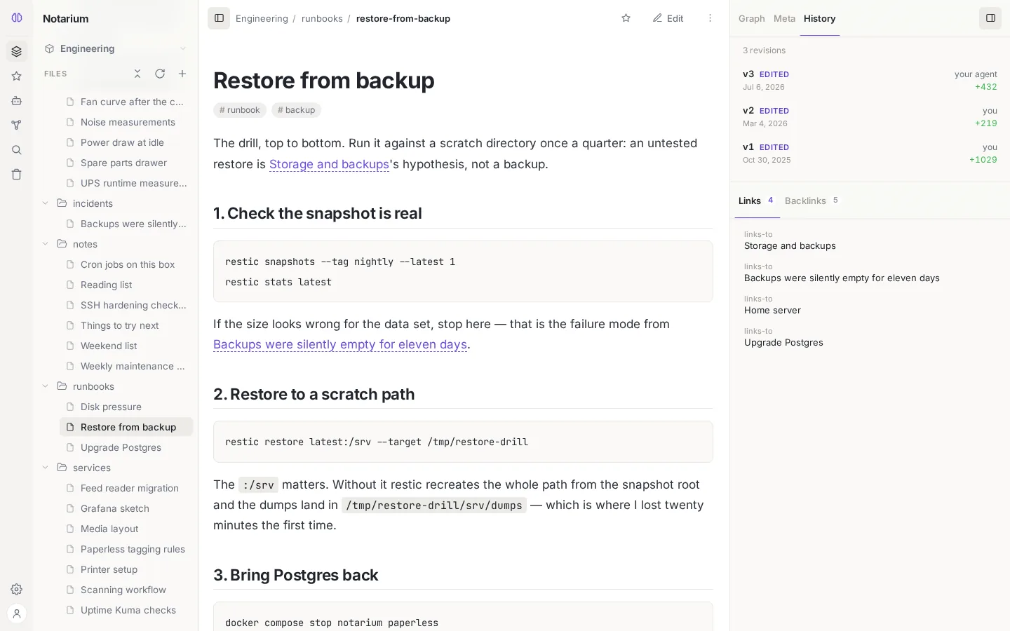 Notarium version history: revision v3 marked as edited by an agent, next to revisions made by the user